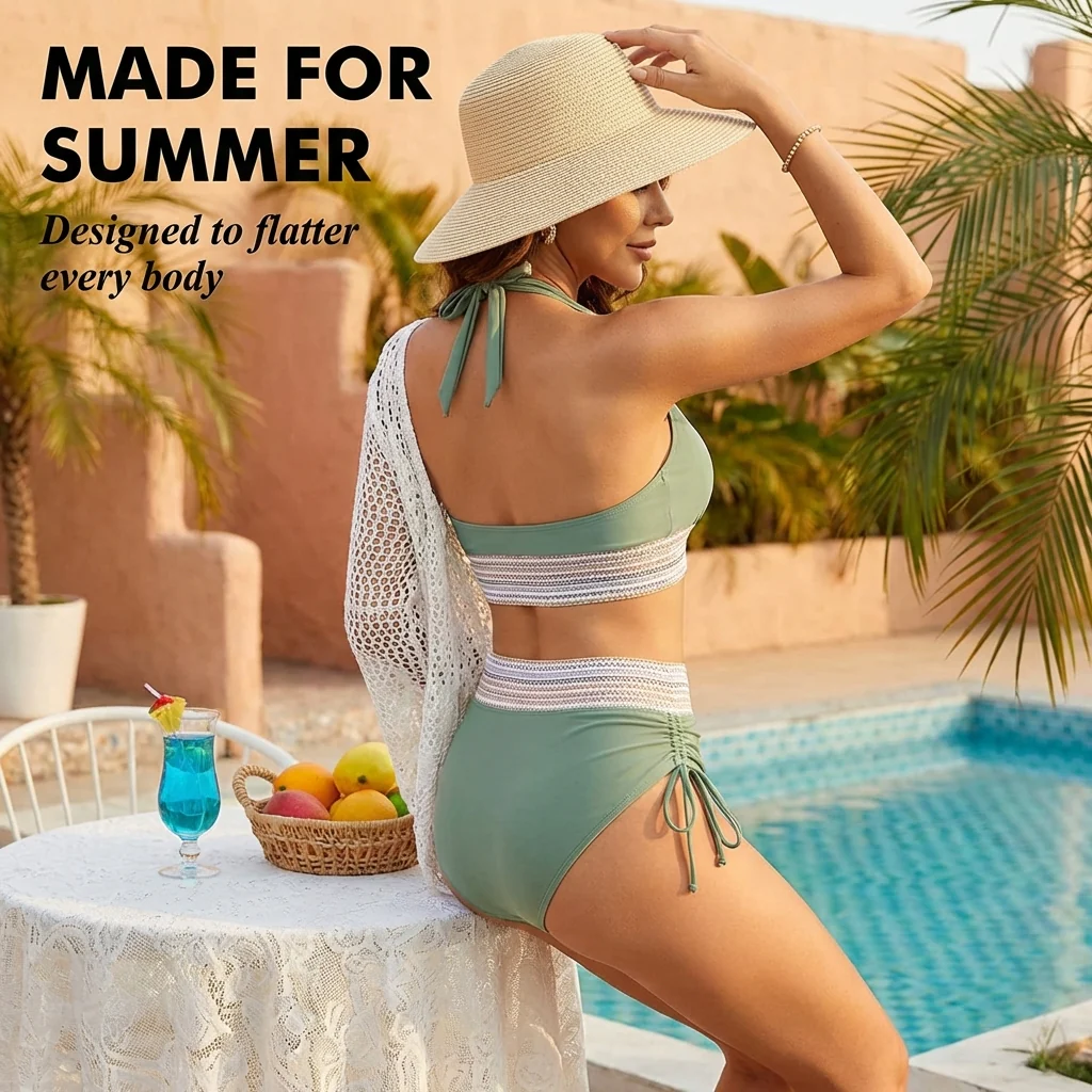 Bloomshore™ – High Waist Tummy Control Color Block Halter Bikini Set + 50% OFF - Image 3