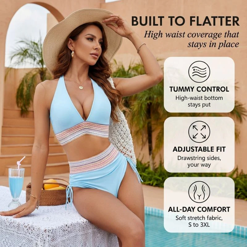 Bloomshore™ – High Waist Tummy Control Color Block Halter Bikini Set + 50% OFF - Image 4