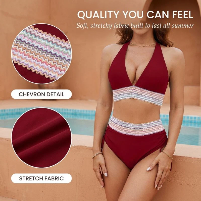Bloomshore™ – High Waist Tummy Control Color Block Halter Bikini Set + 50% OFF - Image 5