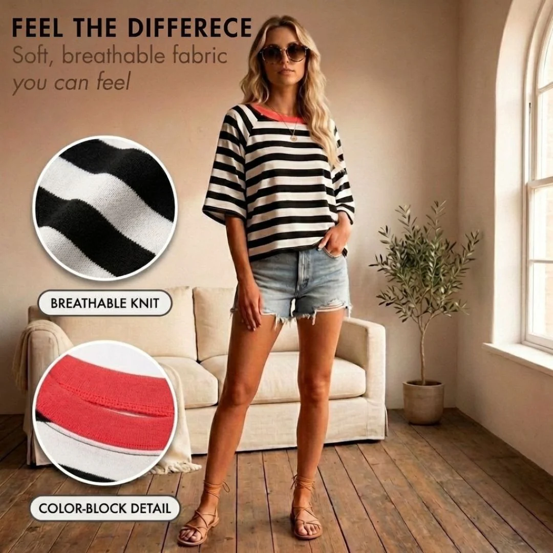 Brezza™ – Relaxed Stripe Color-Block Short Sleeve Women's Top + 50% OFF - Image 6