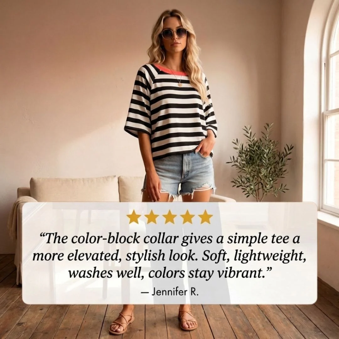 Brezza™ – Relaxed Stripe Color-Block Short Sleeve Women's Top + 50% OFF - Image 7