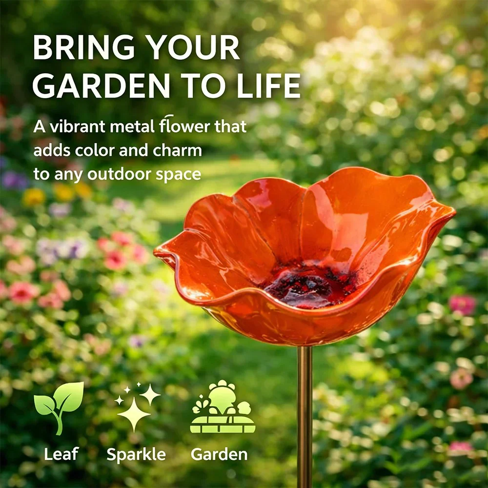 Briarcroft™ – Handcrafted Metal Poppy Garden Stake with Bird Bath Bowl + 50% OFF - Image 22