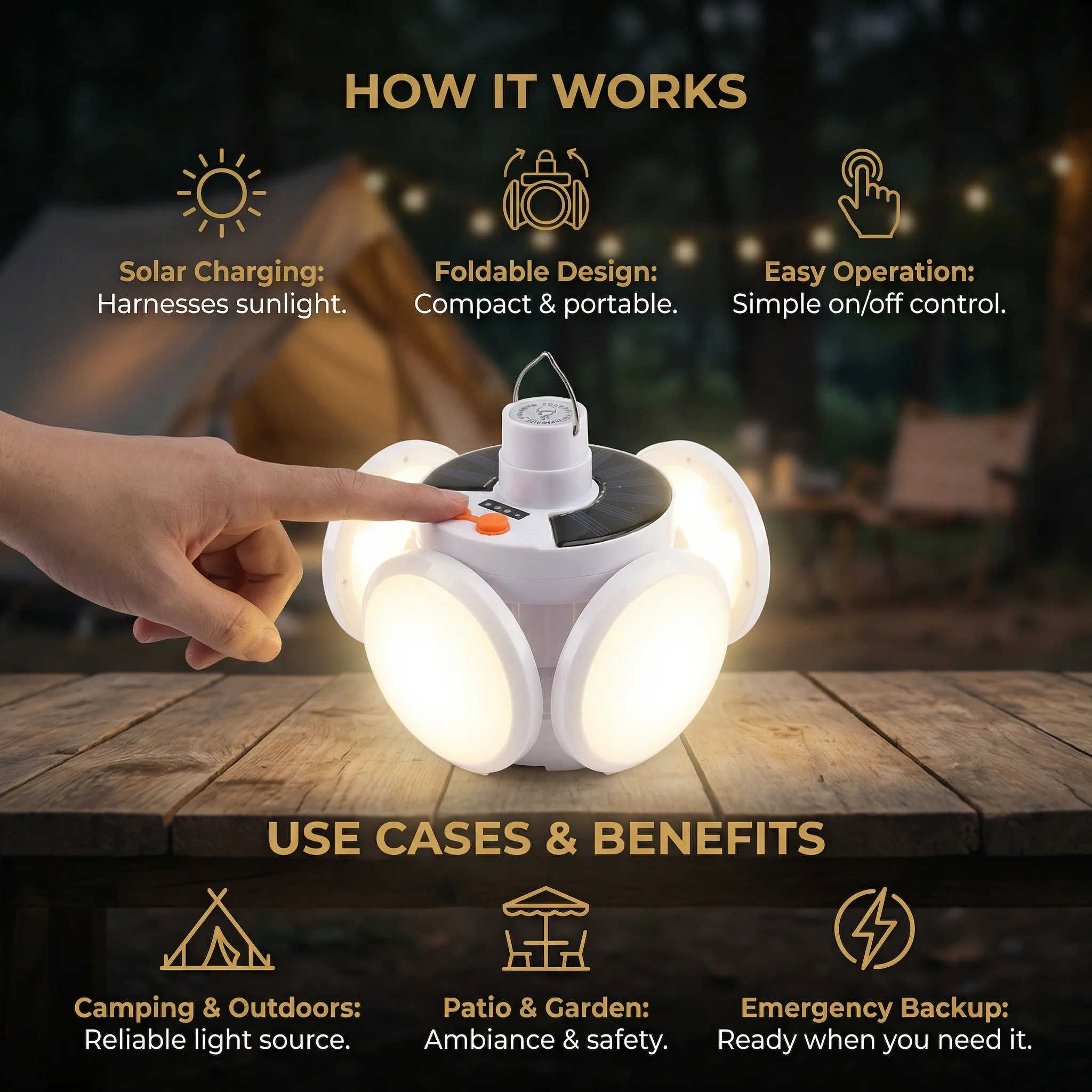 Cairnlight™ – Foldable Solar Camping Lantern with 4 LED Panels & Hanging Hook + 50% OFF - Image 3