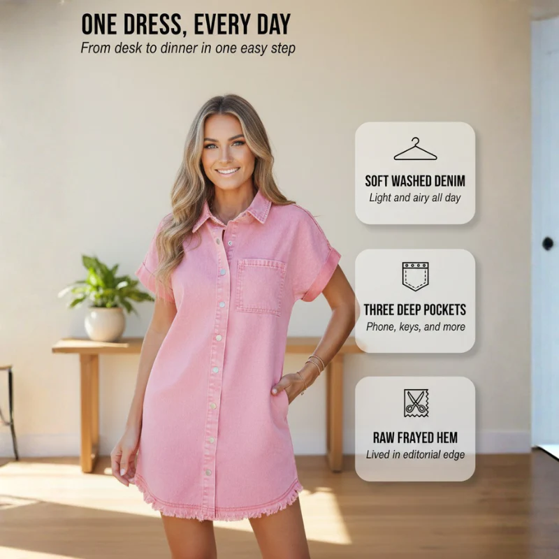 Chambray™ – Soft Washed Denim Button-Down Shirt Dress with Raw Frayed Hem + 50% OFF - Image 4