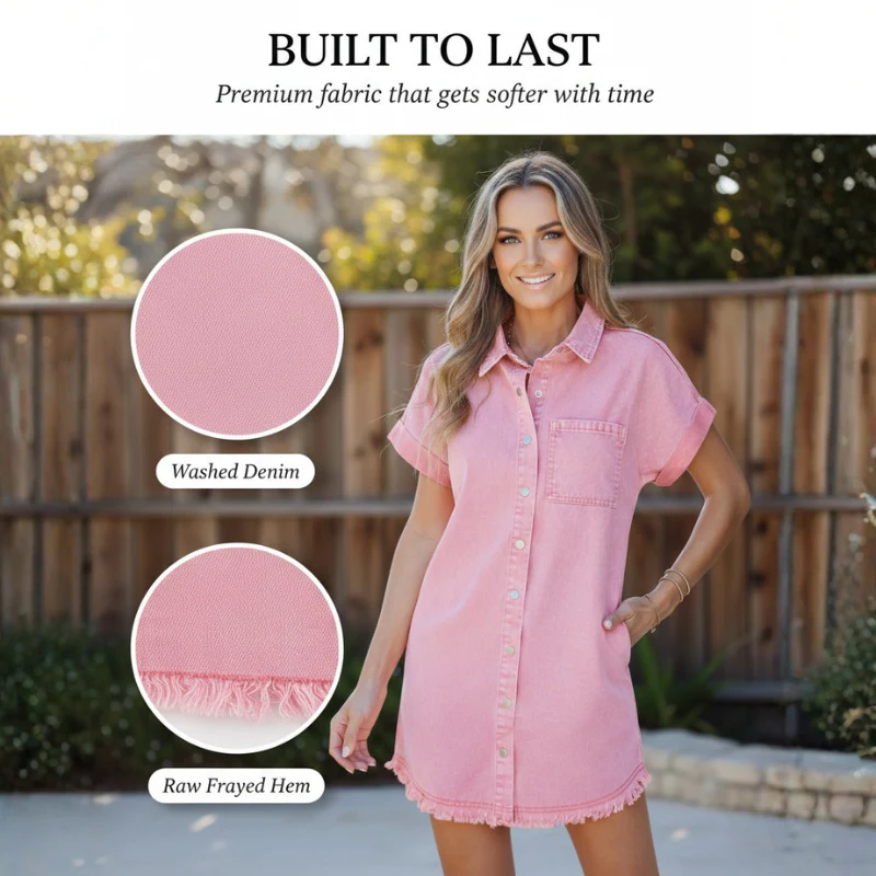 Chambray™ – Soft Washed Denim Button-Down Shirt Dress with Raw Frayed Hem + 50% OFF - Image 5