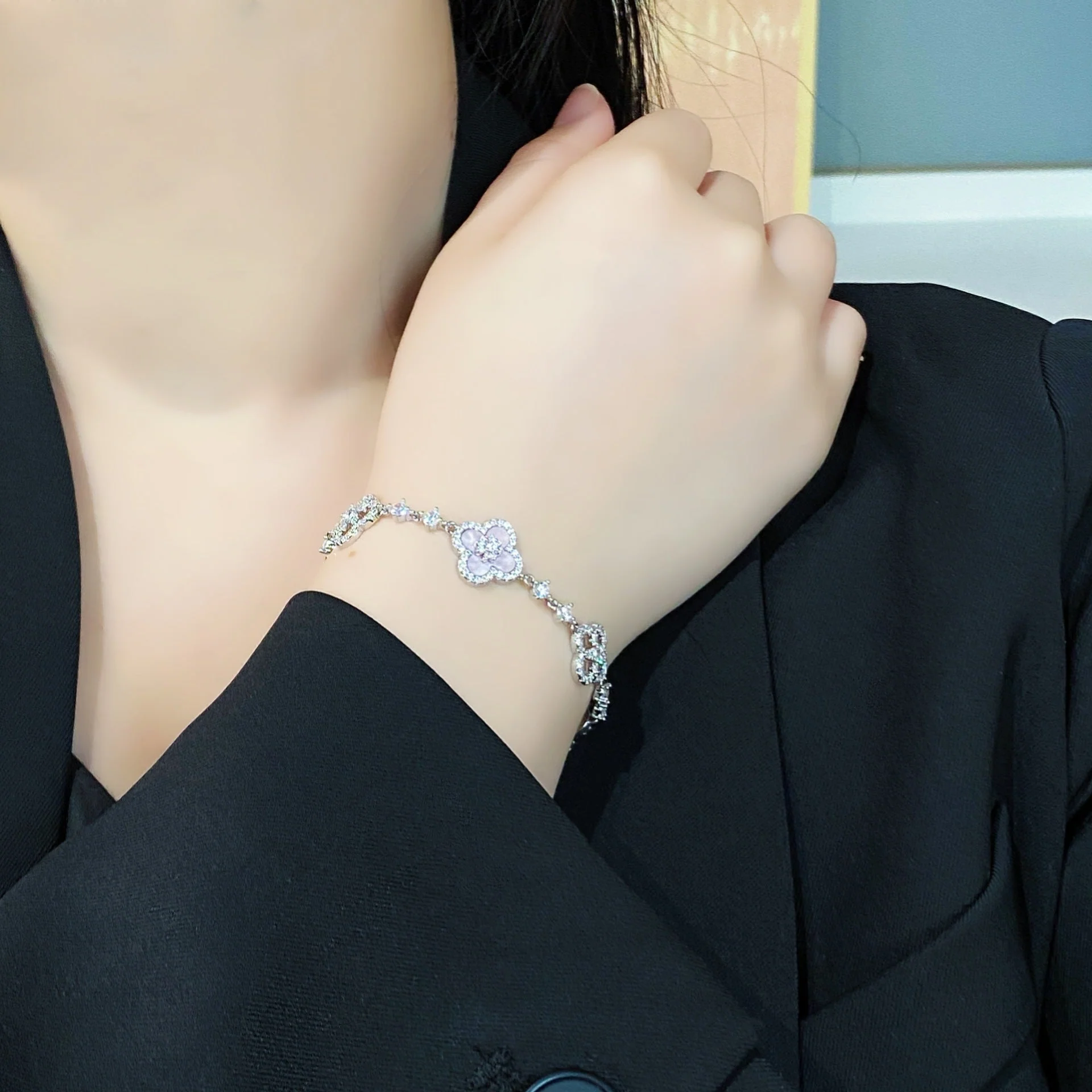 Cherry Blossom Four-Leaf Clover Bracelet – Dainty Diamond-Inspired Charm Jewelry - 50% OFF - Image 3