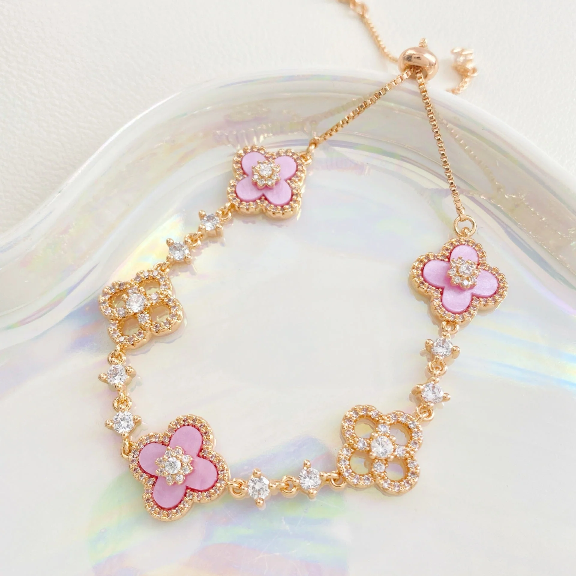 Cherry Blossom Four-Leaf Clover Bracelet – Dainty Diamond-Inspired Charm Jewelry - 50% OFF - Image 4