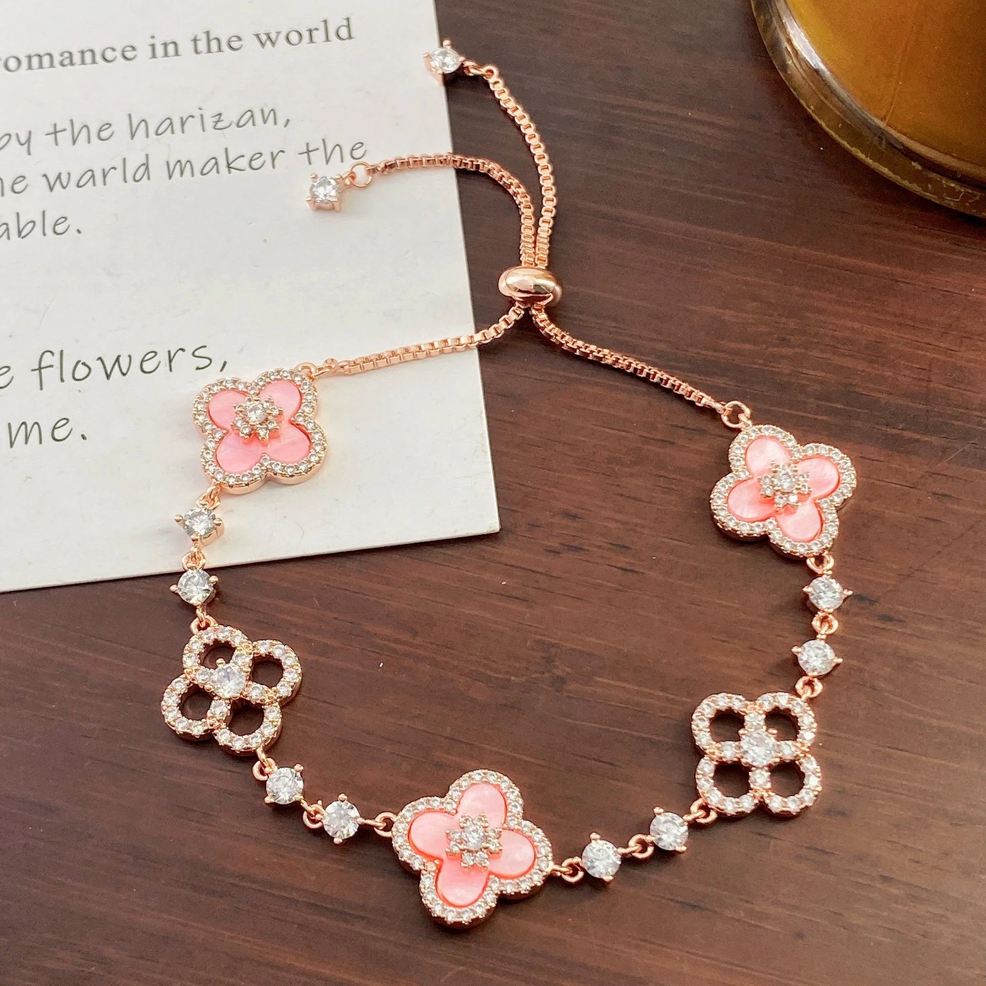 Cherry Blossom Four-Leaf Clover Bracelet – Dainty Diamond-Inspired Charm Jewelry - 50% OFF - Image 5