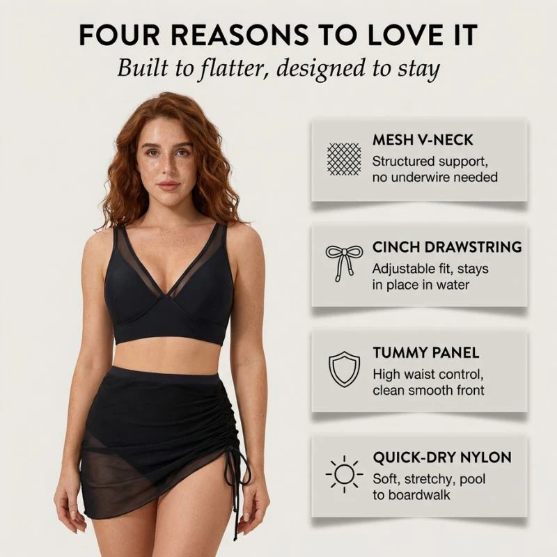 Covella™ – Mesh Ruched Skirt, Tummy Control, V-Neck 2-Piece Swimsuit + 50% OFF - Image 3