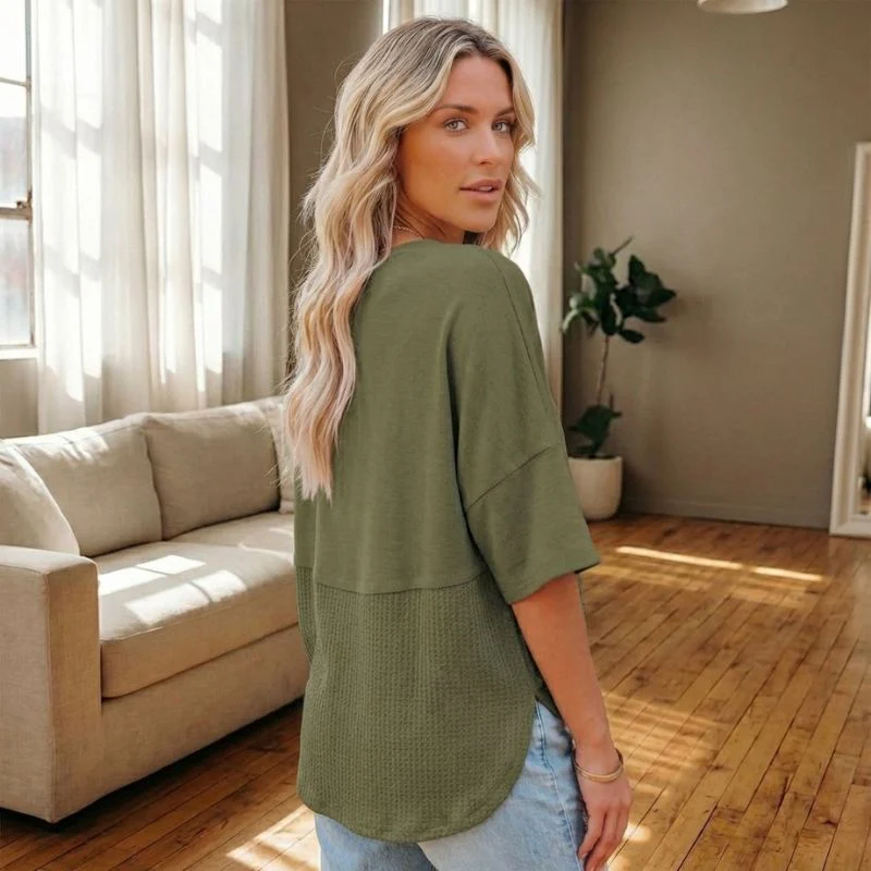 Driftholm™ – Waffle Knit Spliced Button Top | Relaxed Fit, 3/4 Sleeve + 50% OFF - Image 2