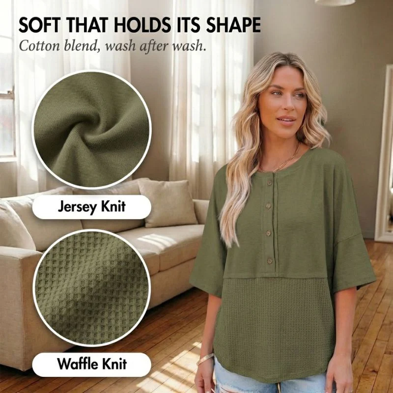 Driftholm™ – Waffle Knit Spliced Button Top | Relaxed Fit, 3/4 Sleeve + 50% OFF - Image 4