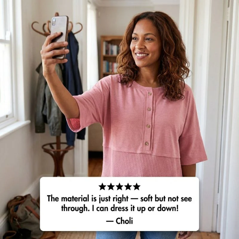 Driftholm™ – Waffle Knit Spliced Button Top | Relaxed Fit, 3/4 Sleeve + 50% OFF - Image 5