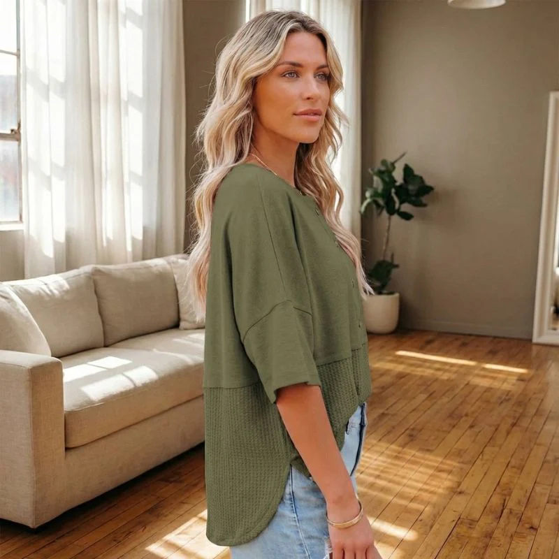 Driftholm™ – Waffle Knit Spliced Button Top | Relaxed Fit, 3/4 Sleeve + 50% OFF - Image 6