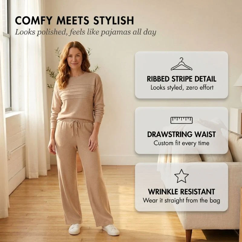 Flarell™ – Ribbed Stripe Crewneck & Wide-Leg Pants Women's Lounge Set + 50% OFF - Image 4