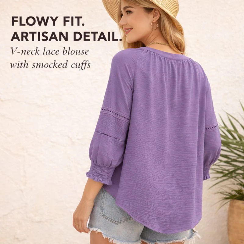 Fleurette™ – V-Neck Lace Hollow-Out Smocked Cuff Blouse + 50% OFF - Image 3