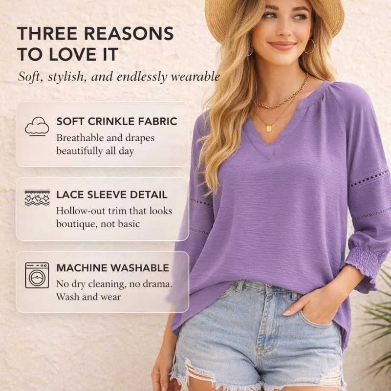 Fleurette™ – V-Neck Lace Hollow-Out Smocked Cuff Blouse + 50% OFF - Image 4