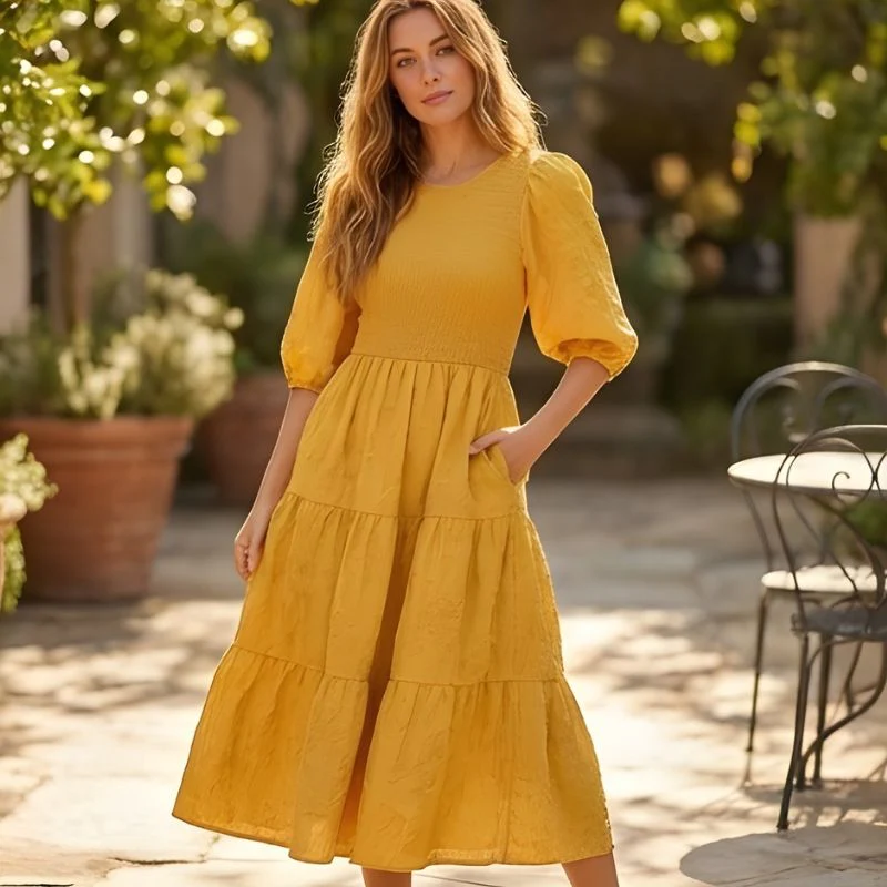 Florenne™ – Embossed Floral Smocked Puff Sleeve Tiered Midi Dress + 50% OFF - Image 10