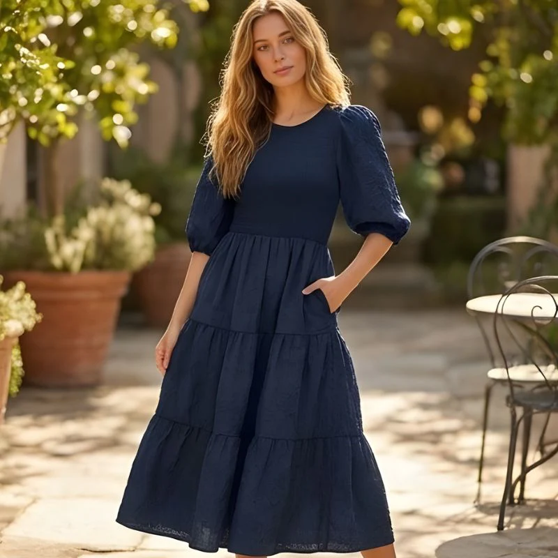 Florenne™ – Embossed Floral Smocked Puff Sleeve Tiered Midi Dress + 50% OFF - Image 11