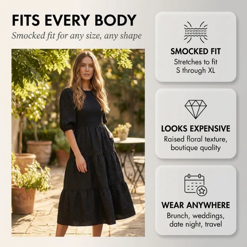Florenne™ – Embossed Floral Smocked Puff Sleeve Tiered Midi Dress + 50% OFF - Image 4