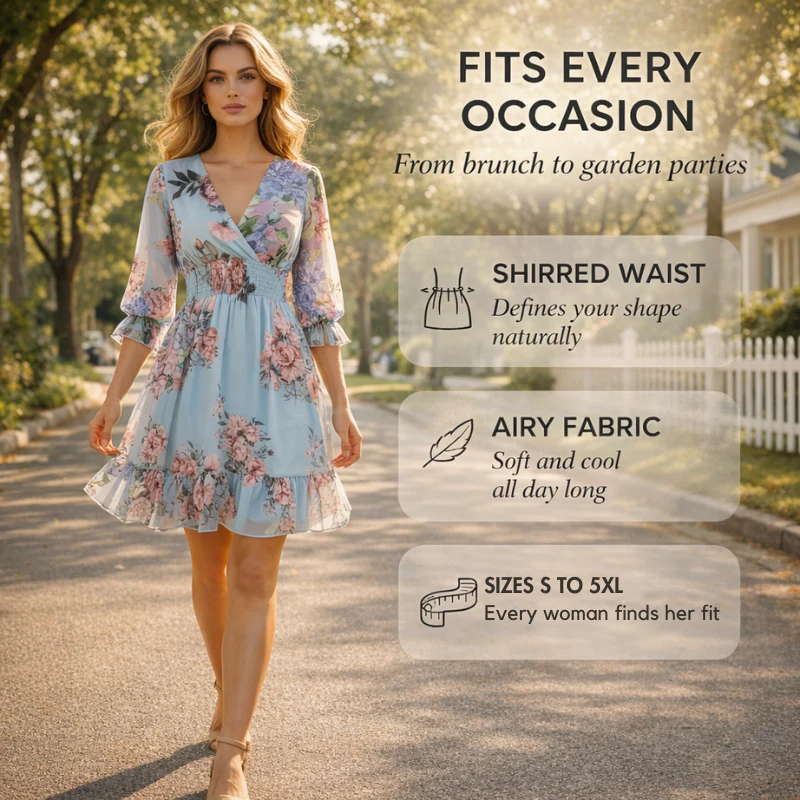 Florette™ – Floral V-Neck Shirred Waist Women's Dress + 50% OFF - Image 3