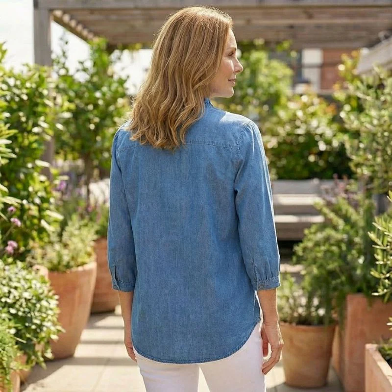 Gatherne™ – Ruffle V-Neck Soft Denim Blouse for Women + 50% OFF - Image 3