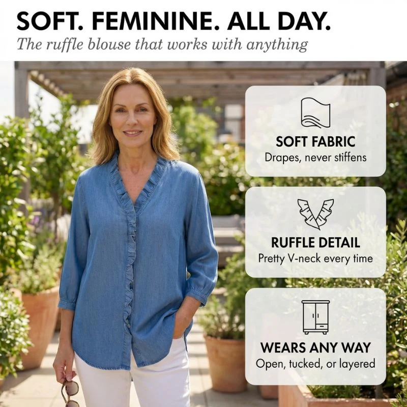 Gatherne™ – Ruffle V-Neck Soft Denim Blouse for Women + 50% OFF - Image 4