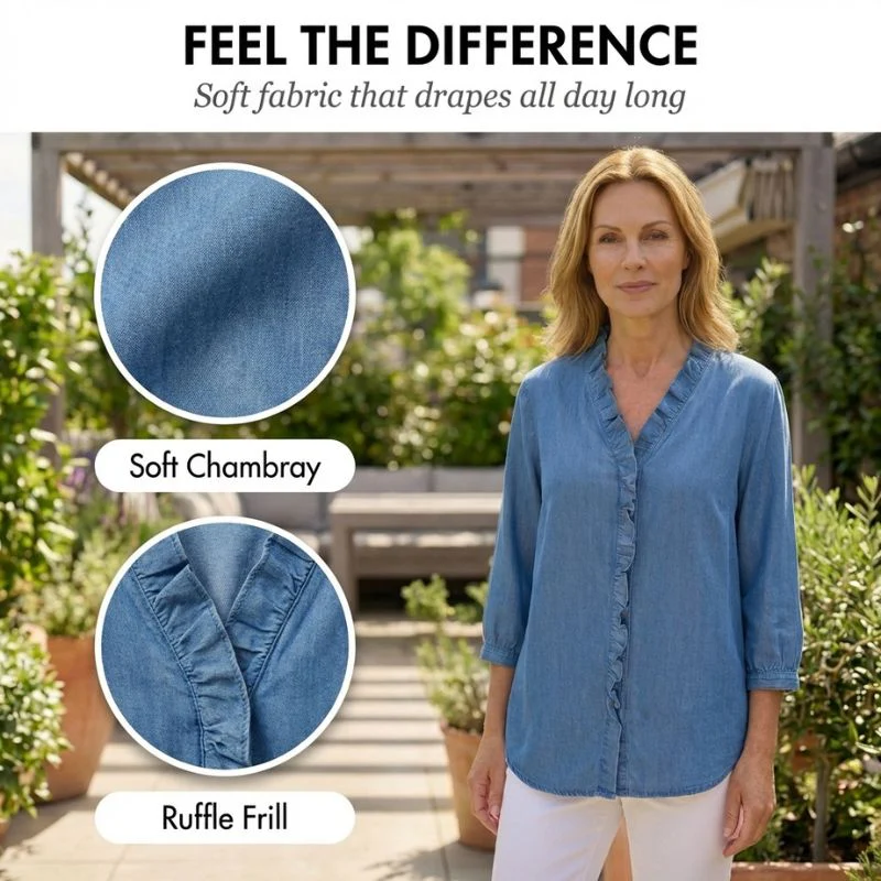 Gatherne™ – Ruffle V-Neck Soft Denim Blouse for Women + 50% OFF - Image 5