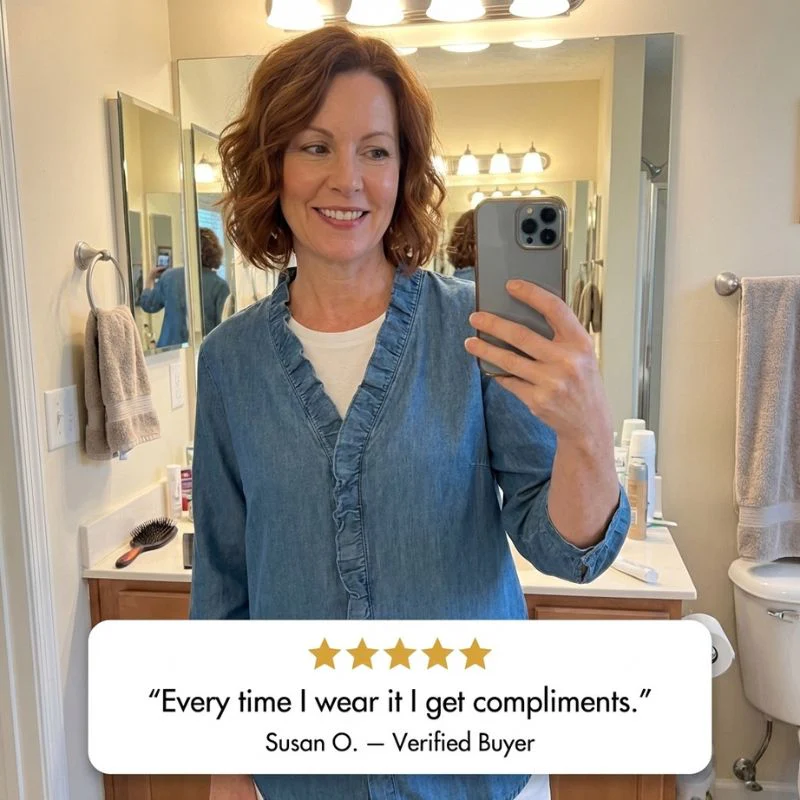 Gatherne™ – Ruffle V-Neck Soft Denim Blouse for Women + 50% OFF - Image 6