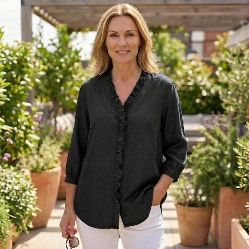 Gatherne™ – Ruffle V-Neck Soft Denim Blouse for Women + 50% OFF - Image 7