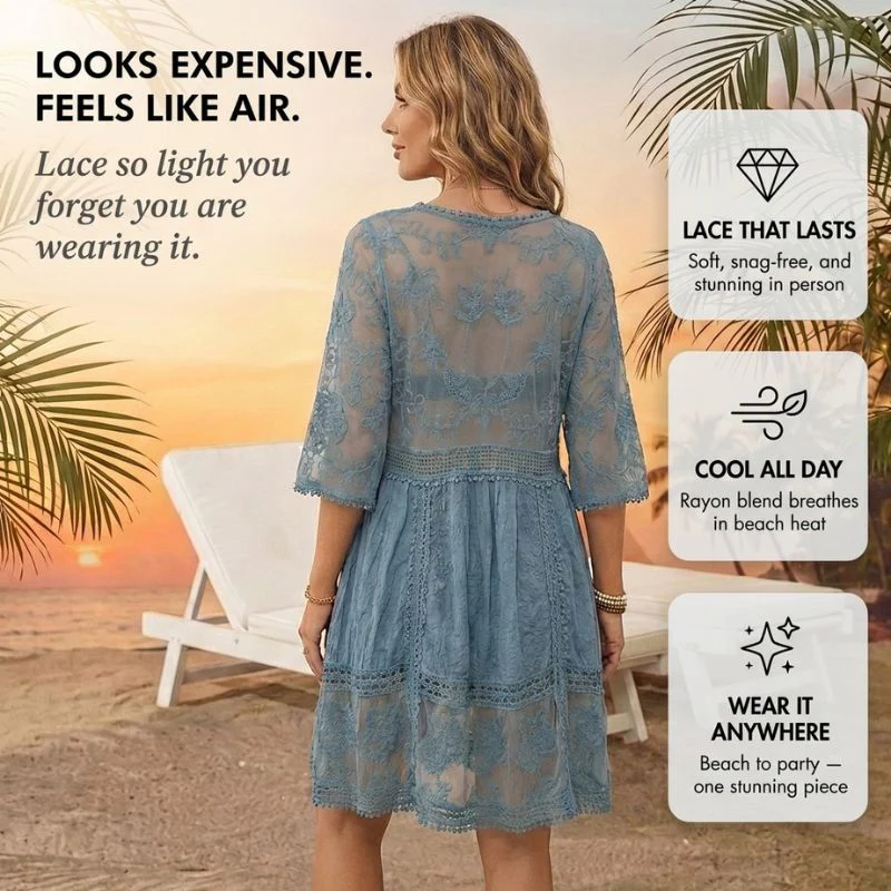 Gossamer™ – Contrast Lace V-Neck Sheer Beach Cover-Up Dress + 50% OFF - Image 4