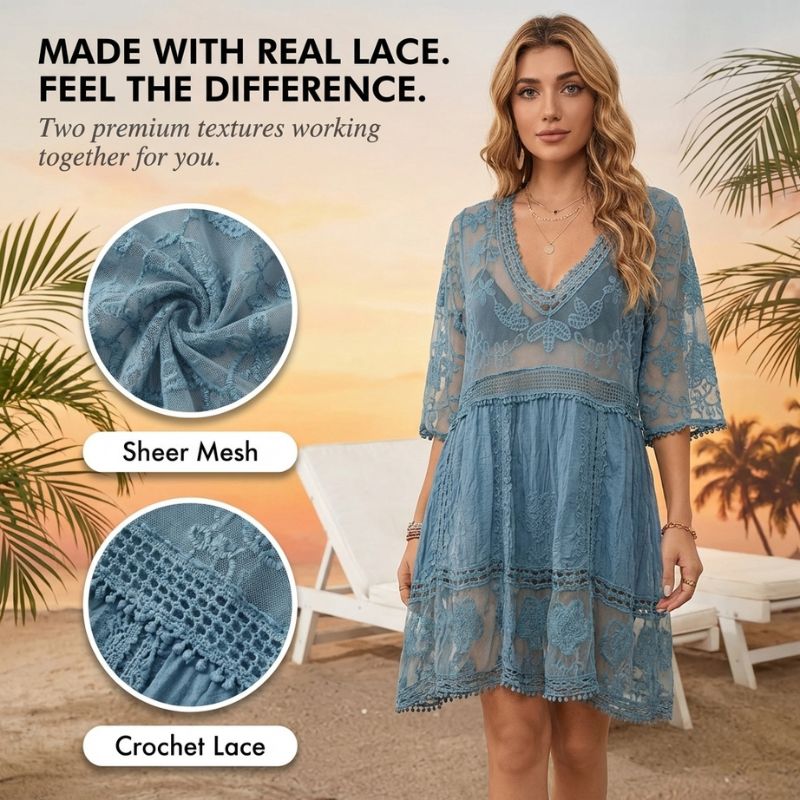 Gossamer™ – Contrast Lace V-Neck Sheer Beach Cover-Up Dress + 50% OFF - Image 5