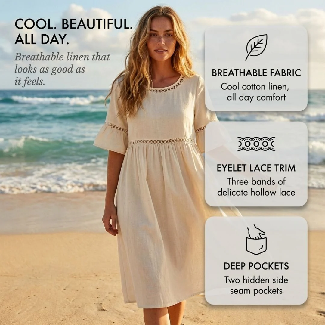 Gossamer™ – Eyelet Lace Cotton Linen Midi Dress with Pockets + 50% OFF - Image 4
