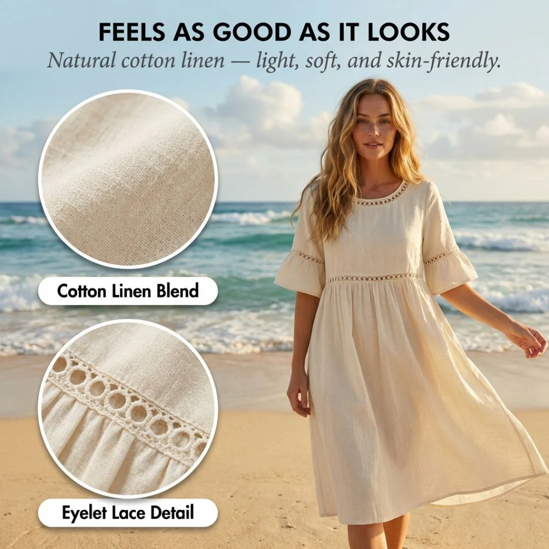 Gossamer™ – Eyelet Lace Cotton Linen Midi Dress with Pockets + 50% OFF - Image 5