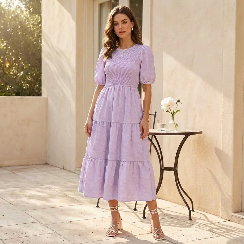 Gossamer™ – Smocked Puff Sleeve Tiered Midi Dress + 50% OFF - Image 9