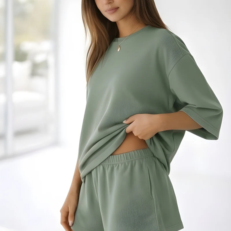 Hushwear™ – Oversized Lounge Set Women 3/4 Sleeve Top & Elastic Waist Shorts + 50% OFF - Image 12