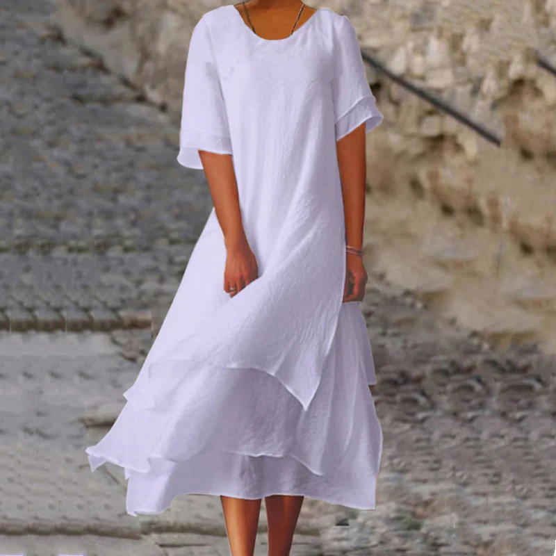 Linwell™ – Layered Cotton-Linen Flowing Midi Dress with Asymmetric Hem + 50% OFF - Image 14