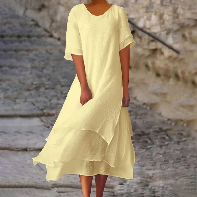 Linwell™ – Layered Cotton-Linen Flowing Midi Dress with Asymmetric Hem + 50% OFF - Image 15