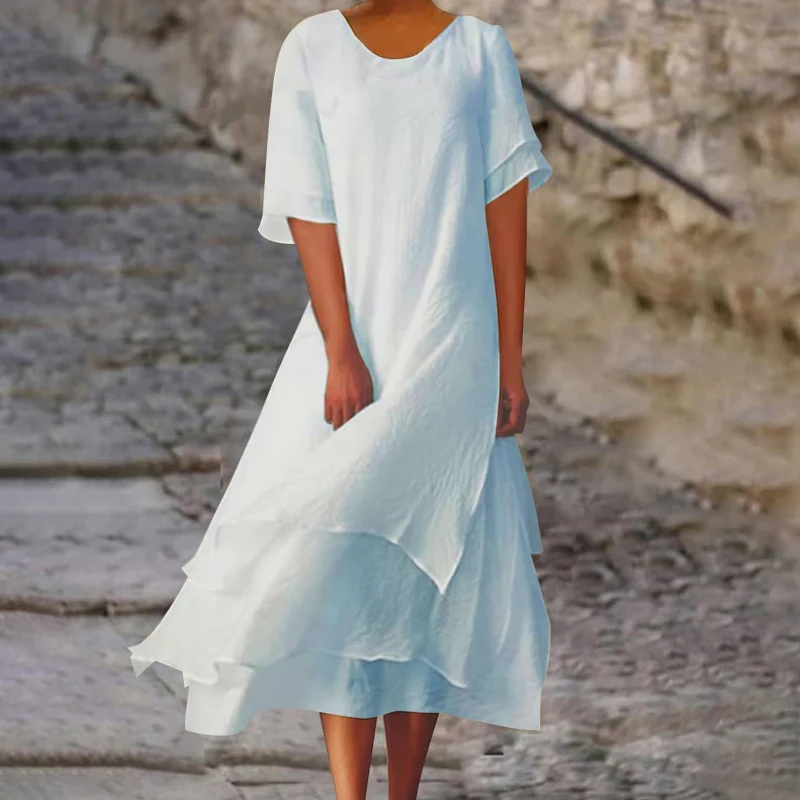 Linwell™ – Layered Cotton-Linen Flowing Midi Dress with Asymmetric Hem + 50% OFF - Image 16