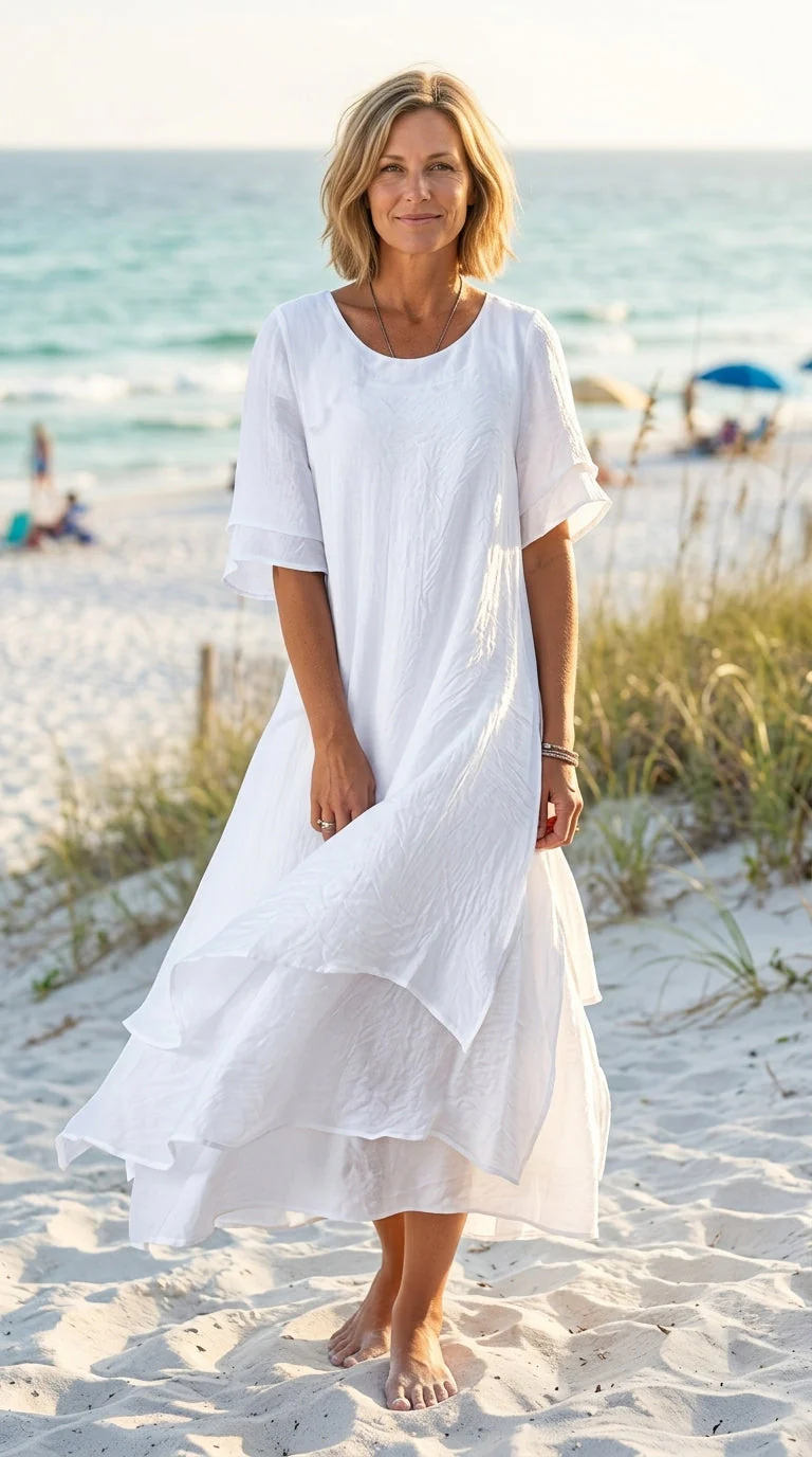 Linwell™ – Layered Cotton-Linen Flowing Midi Dress with Asymmetric Hem + 50% OFF - Image 2