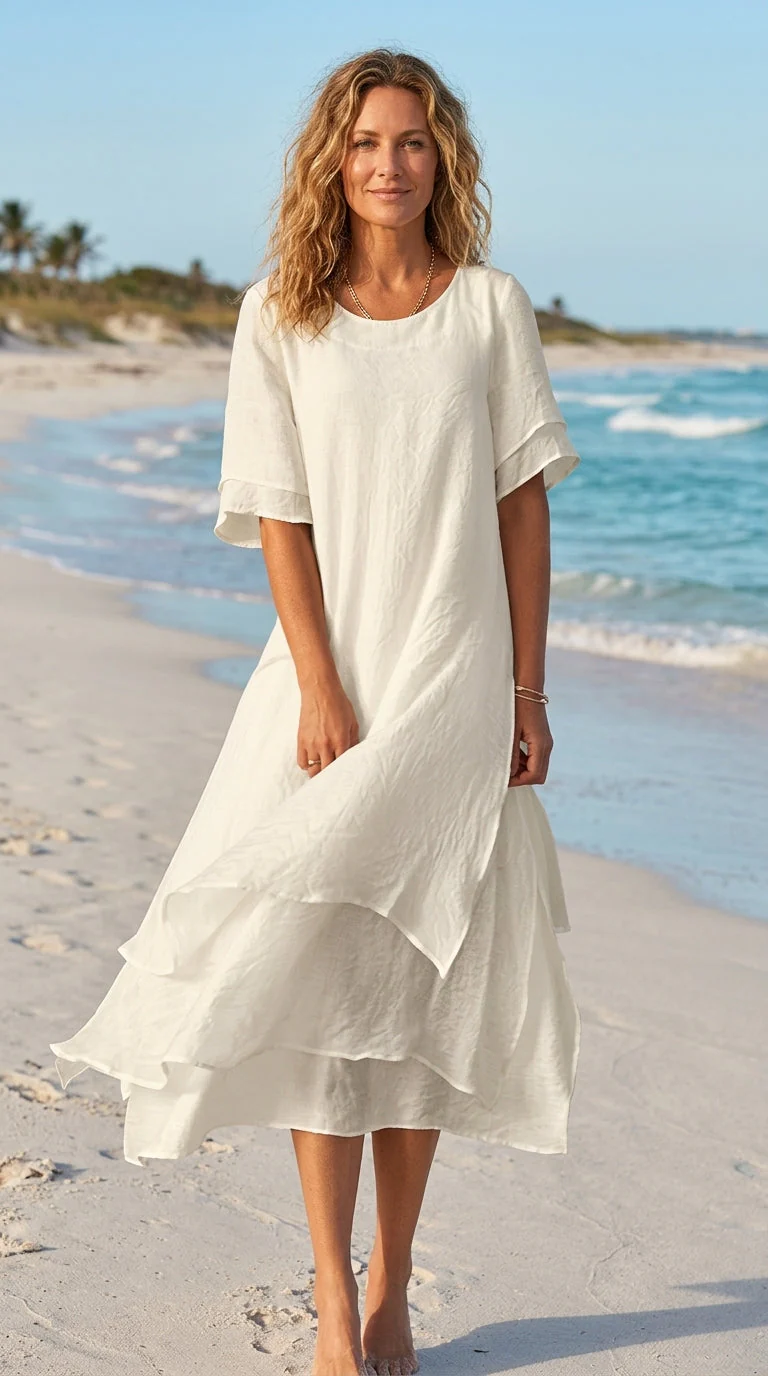 Linwell™ – Layered Cotton-Linen Flowing Midi Dress with Asymmetric Hem + 50% OFF - Image 3