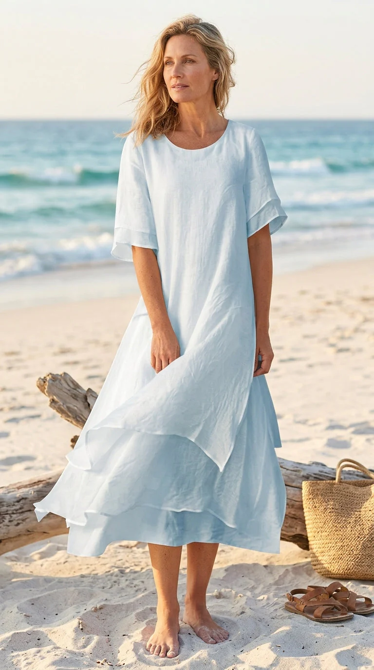 Linwell™ – Layered Cotton-Linen Flowing Midi Dress with Asymmetric Hem + 50% OFF - Image 4
