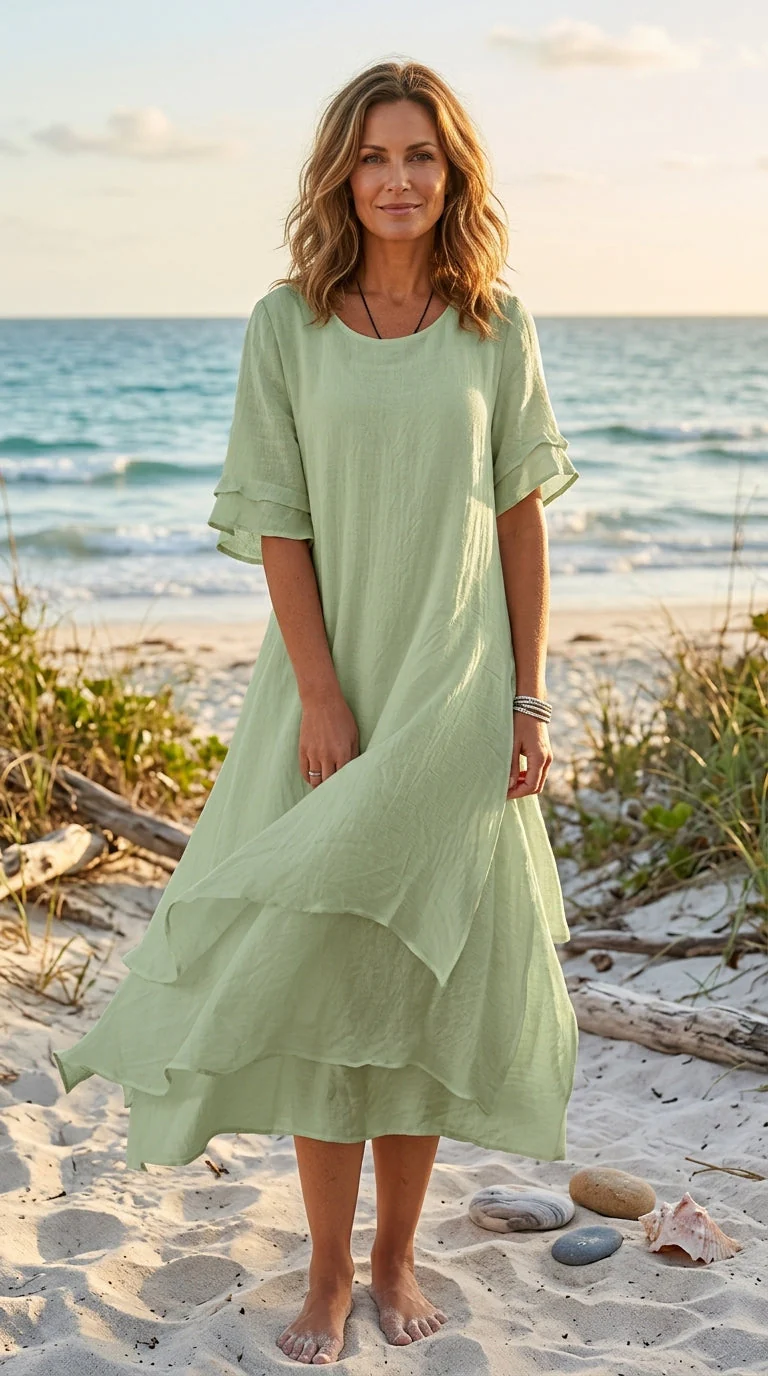 Linwell™ – Layered Cotton-Linen Flowing Midi Dress with Asymmetric Hem + 50% OFF - Image 7