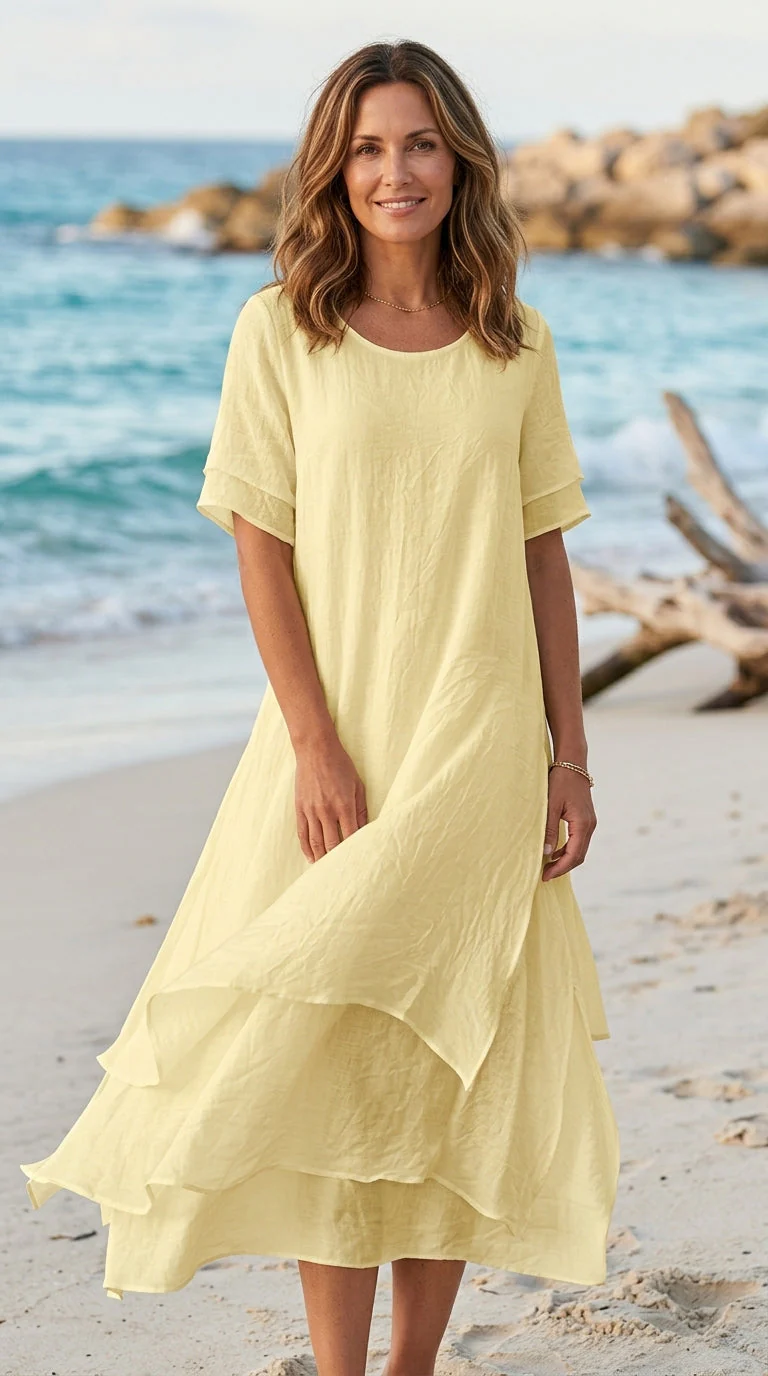 Linwell™ – Layered Cotton-Linen Flowing Midi Dress with Asymmetric Hem + 50% OFF - Image 8