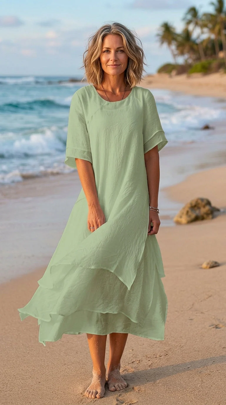 Linwell™ – Layered Cotton-Linen Flowing Midi Dress with Asymmetric Hem + 50% OFF - Image 9
