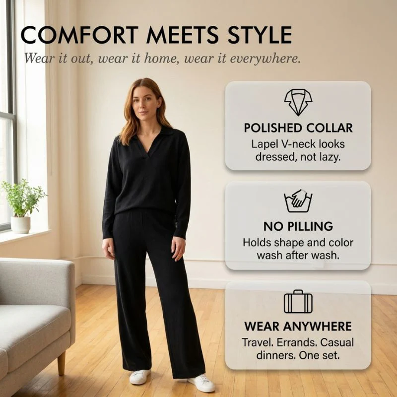 Luvene™ – Soft Knit V-Neck Lapel Top & Wide-Leg Pants Lounge Set + 50% OFF - Image 4