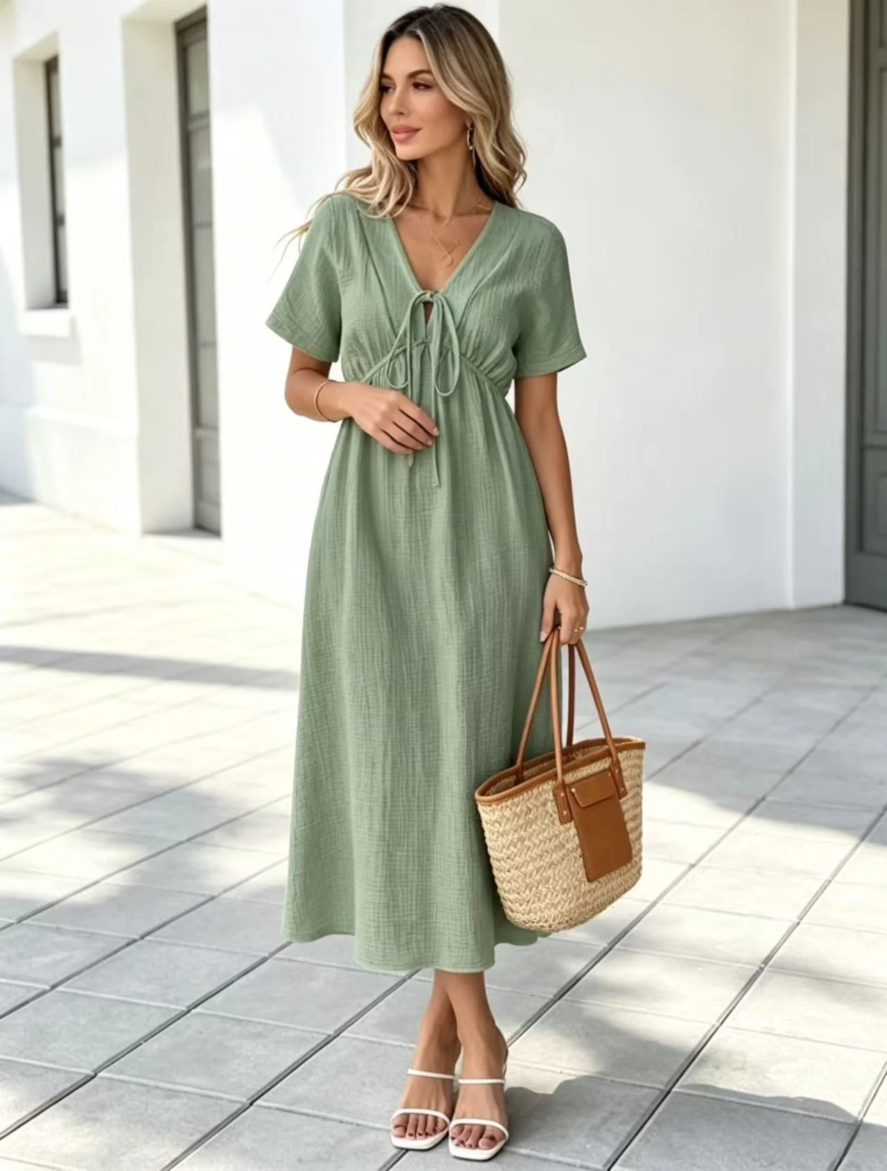 Marindale™ – Crinkle Gauze V-Neck Tie-Detail Midi Dress with Pockets + 50% OFF - Image 10