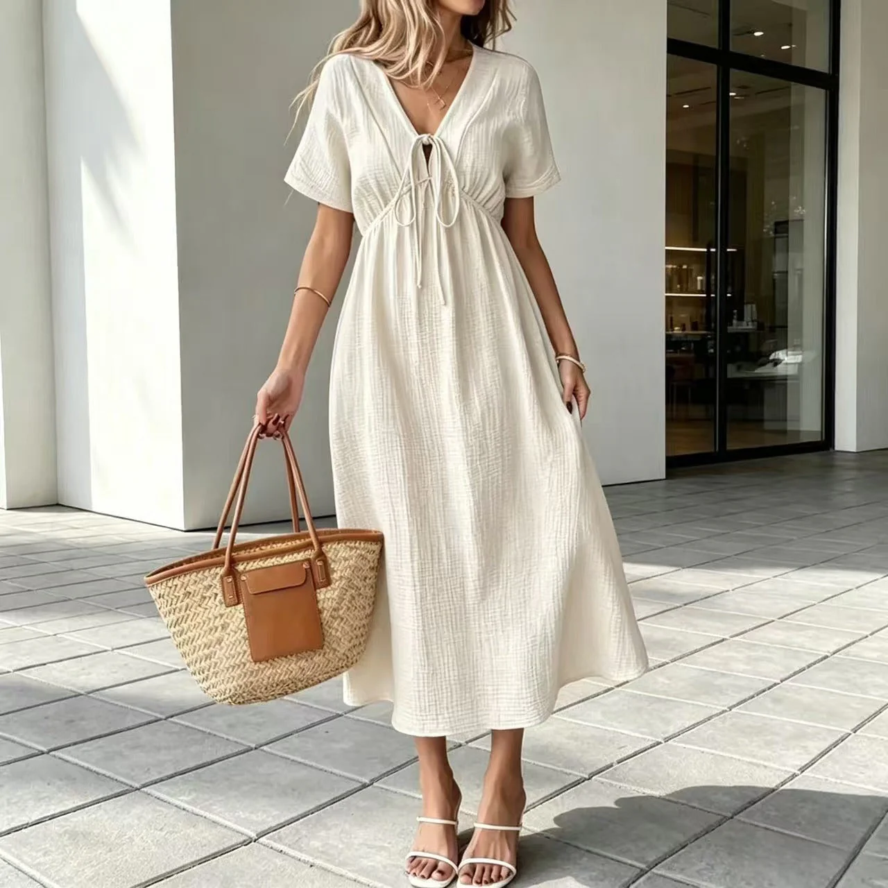 Marindale™ – Crinkle Gauze V-Neck Tie-Detail Midi Dress with Pockets + 50% OFF - Image 2