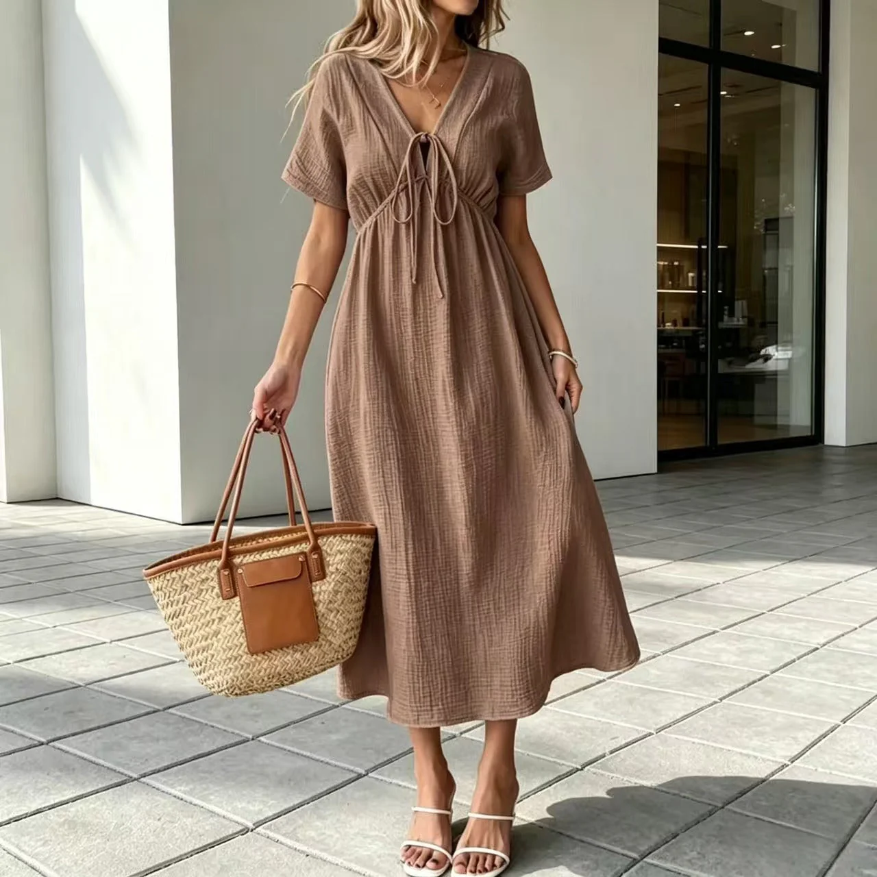 Marindale™ – Crinkle Gauze V-Neck Tie-Detail Midi Dress with Pockets + 50% OFF - Image 3