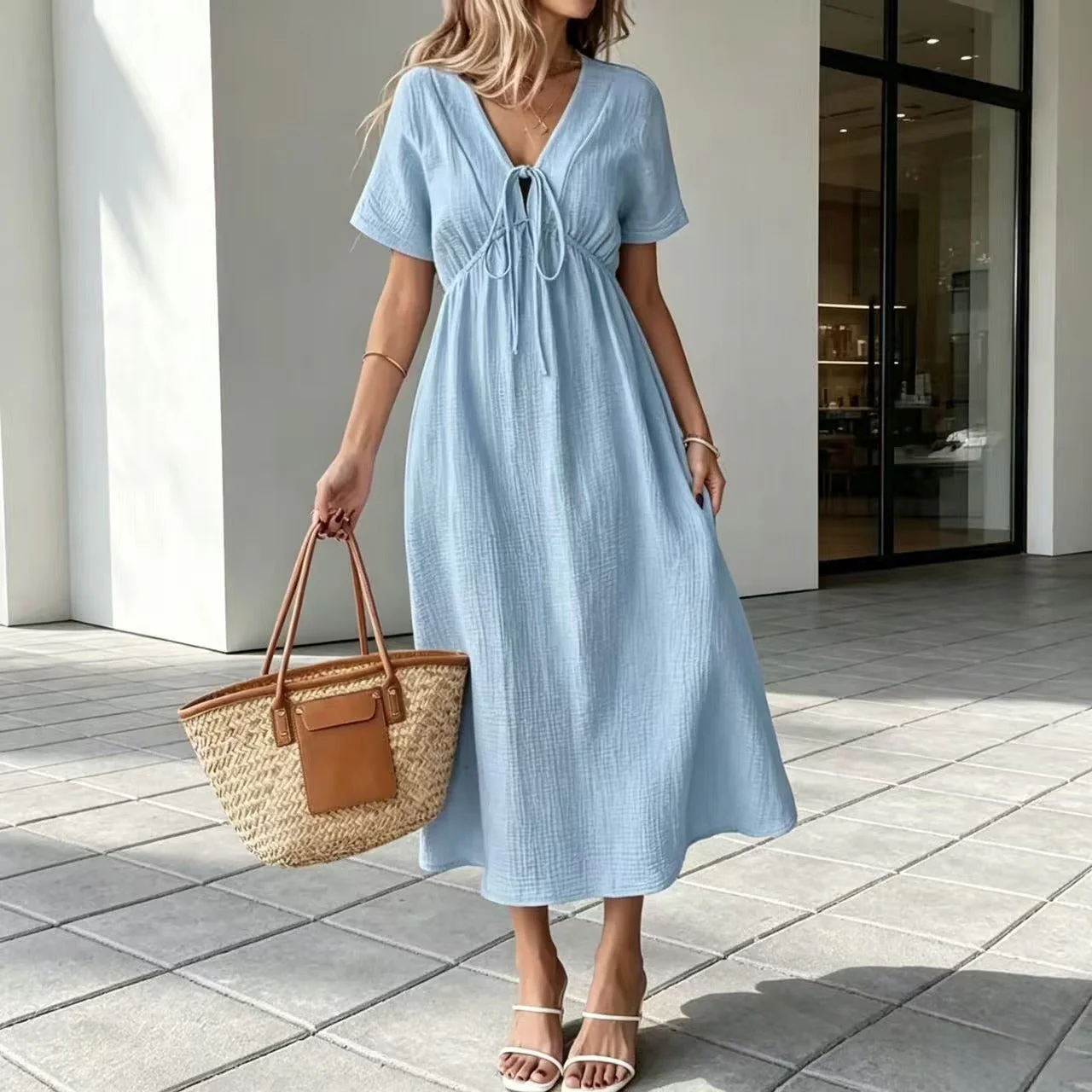 Marindale™ – Crinkle Gauze V-Neck Tie-Detail Midi Dress with Pockets + 50% OFF - Image 4