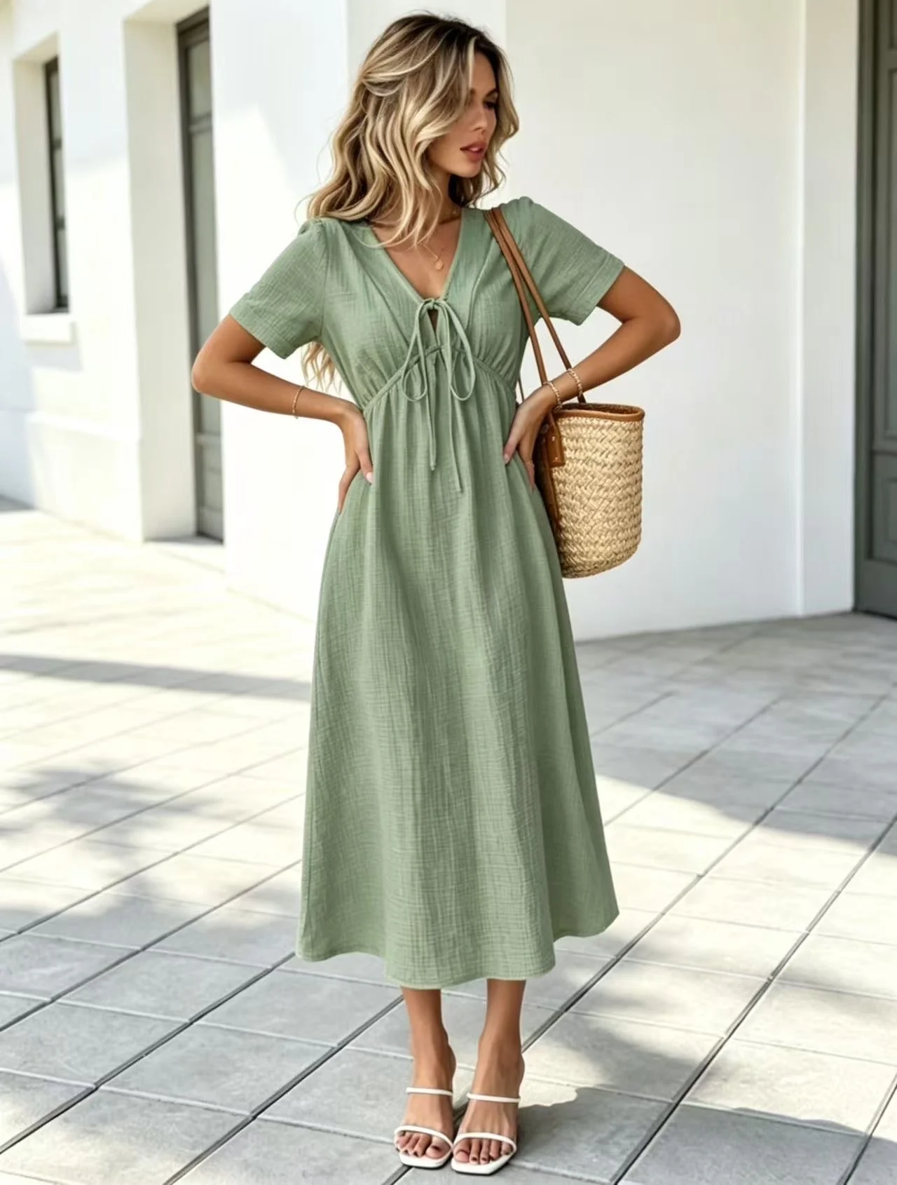 Marindale™ – Crinkle Gauze V-Neck Tie-Detail Midi Dress with Pockets + 50% OFF - Image 5